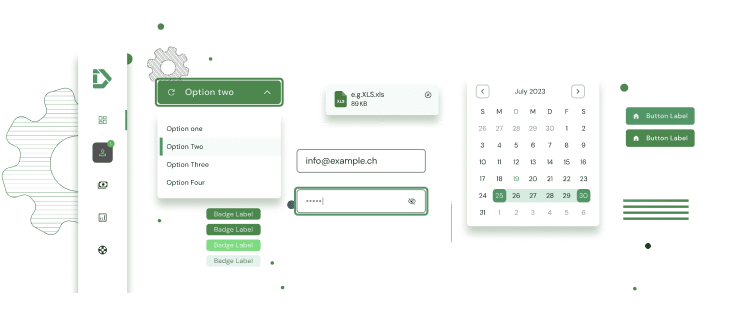 A design of UI elements, including a dropdown list, button, attach file module, vertical menu, tags, and input field.